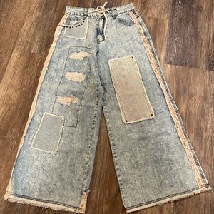 POL Light Blue Patchwork Wide-Leg Jeans